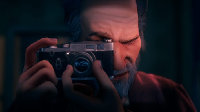 A close-up of man looking through the viewfinder of a camera, finger ready to take a picture, in a Conway: Disappearance At Dahlia View screenshot.