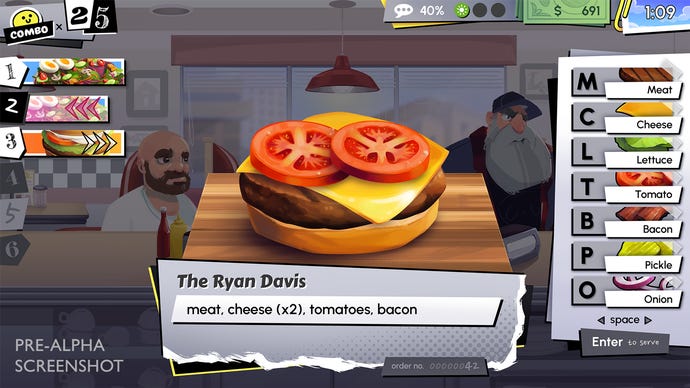 Cook, Serve, Delicious: Re-Mustard! gameplay showing the player making the Ryan Davis burger by stacking ingredients by pressing the listed keys