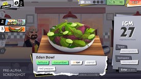 Cook, Serve, Delicious: Re-Mustard! gameplay showing the new typing mode as the player types the highlighted words to create a bowl of salad