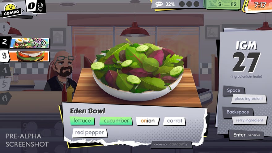 Cook, Serve, Delicious: Re-Mustard! gameplay showing the new typing mode as the player types the highlighted words to create a bowl of salad