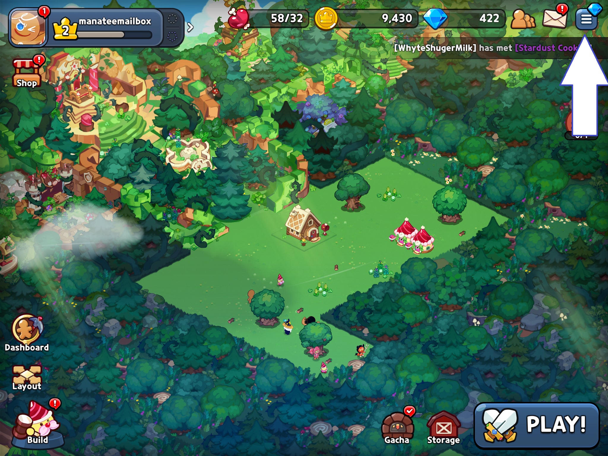 A screenshot of Cookie Run Kingdom showing the game's menu button.
