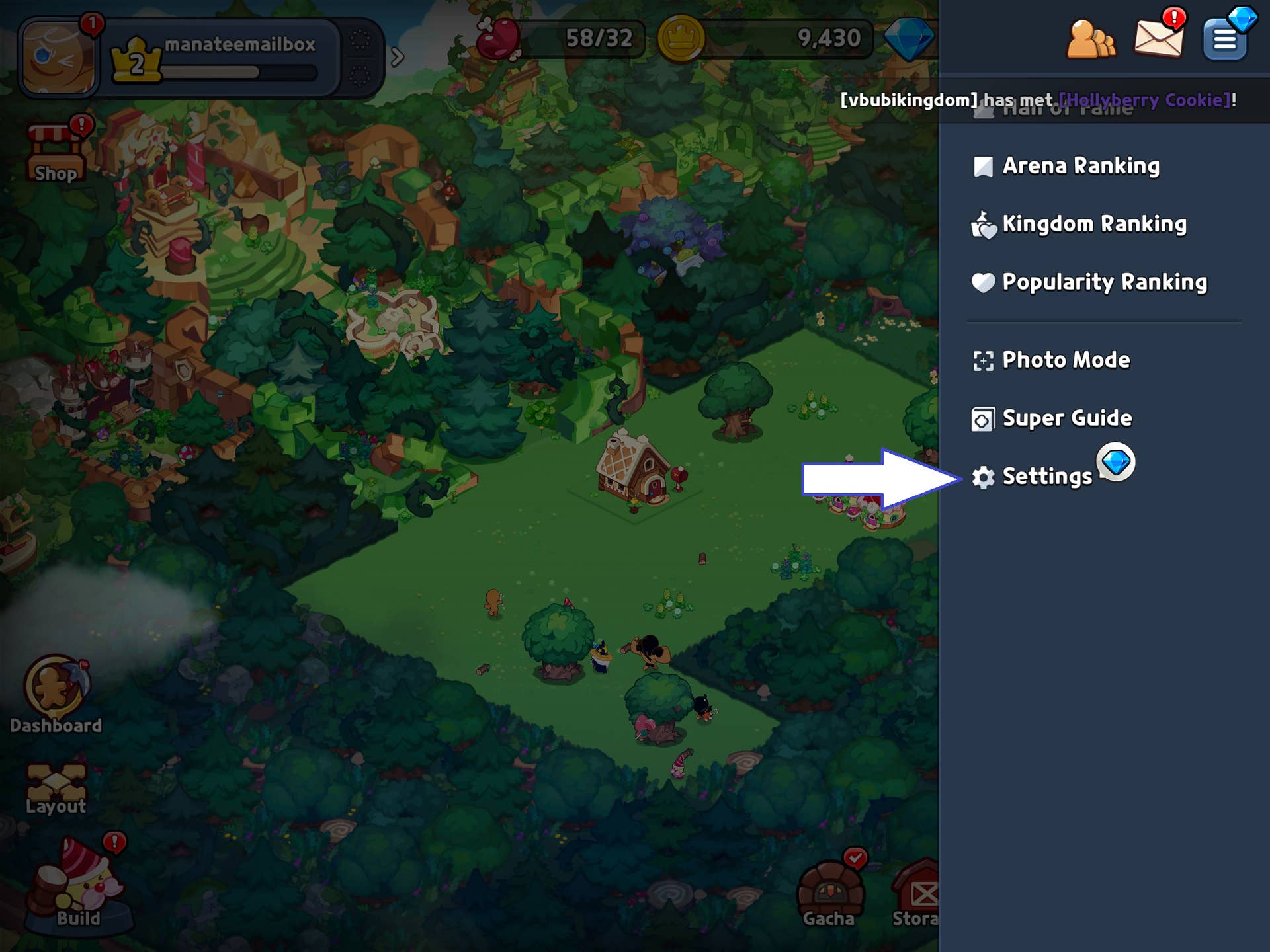 Uma captura de tela do Cookie Run Kingdom mostrando o botão Configurações do jogo.