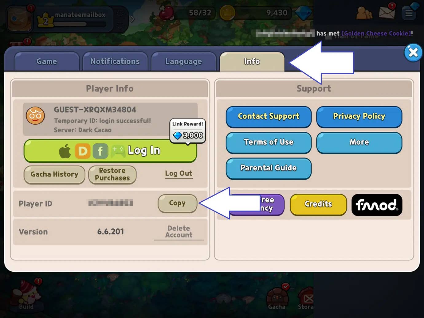 Uma captura de tela do Cookie Run Kingdom mostra o botão do jogo que permite copiar o ID do seu jogador.