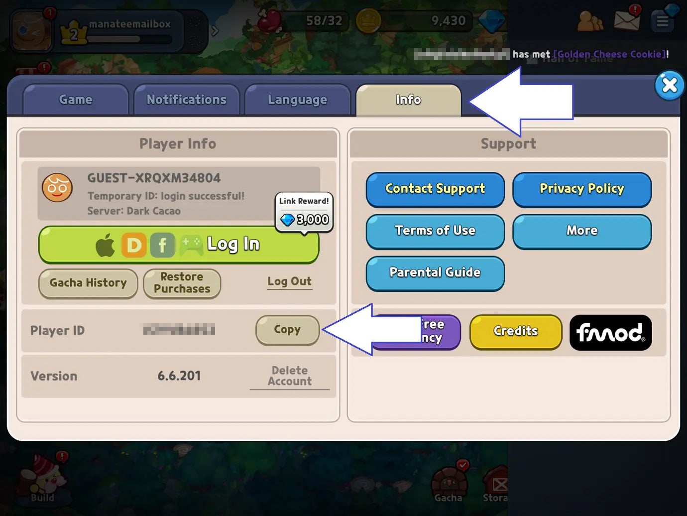 A screenshot of Cookie Run Kingdom showing the game's button which lets you copy your player ID.