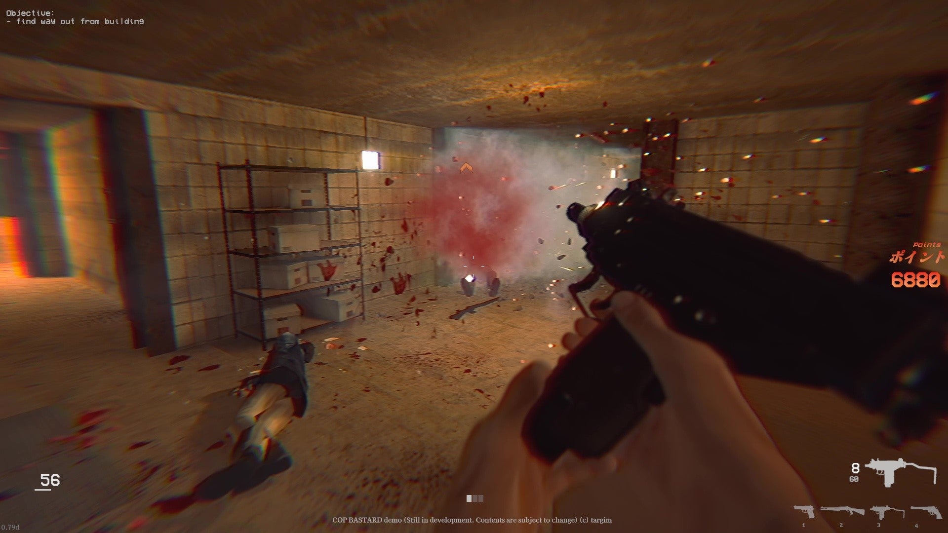 Gunning down some thugs with an uzi in Cop Bastard. One thug goes up in a puff of blood and smoke. - 3