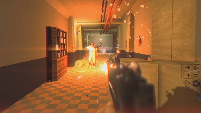 An explosion of orange as Cop Bastard fires an uzi at some thugs in a corridor.