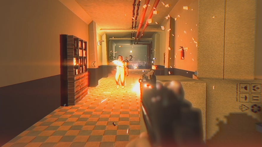 An explosion of orange as Cop Bastard fires an uzi at some thugs in a corridor.