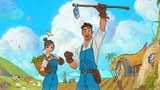 A promotional illustration for Coral Island showing a young man and woman, both wearing a white shirt and blue dungarees, standing on tilled land beneath bright blue, tropical skies.