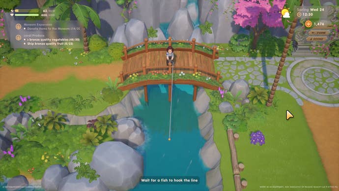 Fishing off a bridge in Coral Island