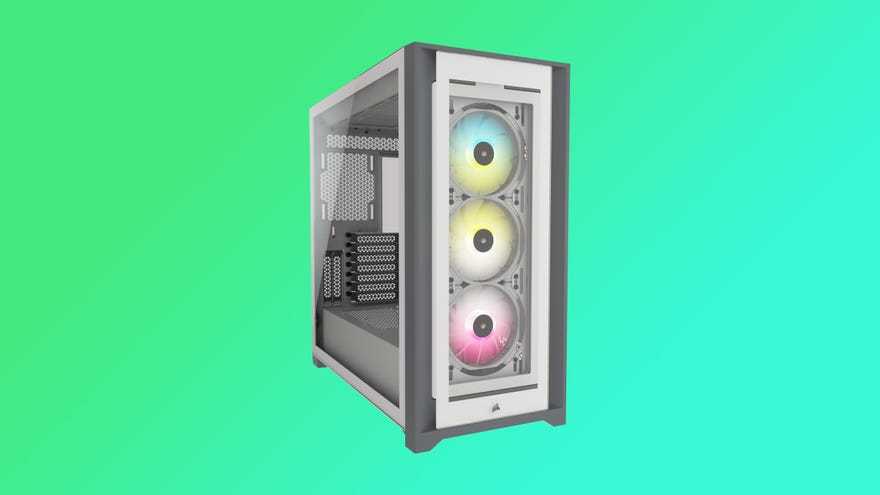 the corsair 5000x pc case, shown with three rgb fans front and centre.
