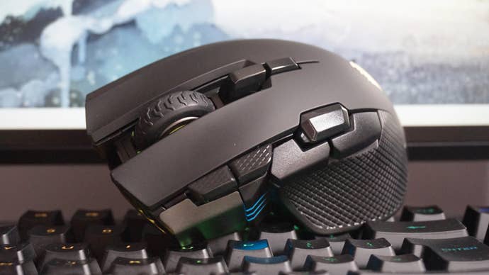 A photo of the Corsair Ironclaw RGB Wireless on top of a keyboard