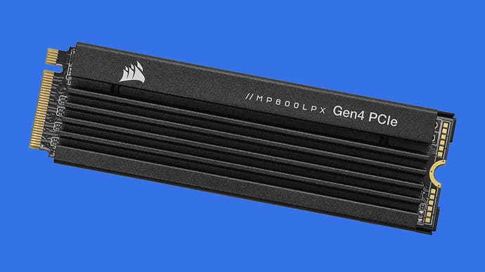 Corsair's MP600 Pro SSD on a blue background.