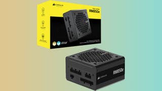 Corsair RM850e power supply with box on a gradient background