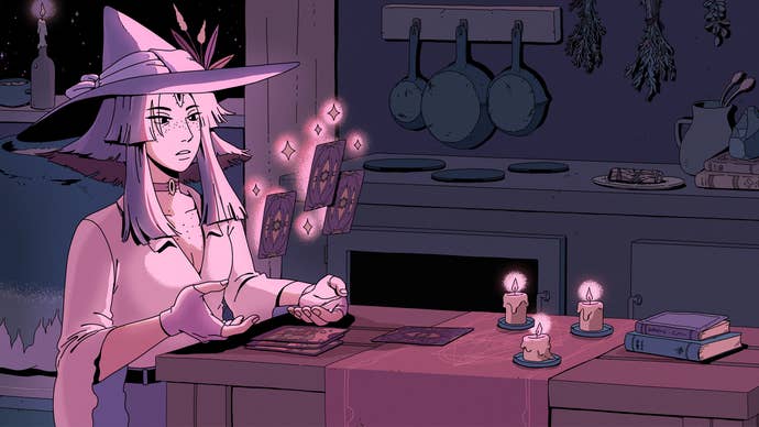 The witch Fortuna sits at a table lit by candles as she reads tarot from floating cards in artwork for The Cosmic Wheel Sisterhood