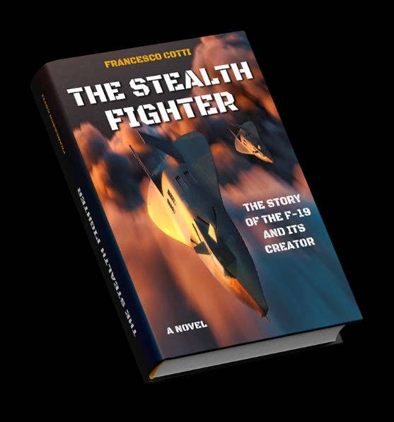 A photo of Francesco Cotti’s book The Stealth Fighter, which has an image the fictional F-19 fighter plane zooming through some clouds on the front of it.