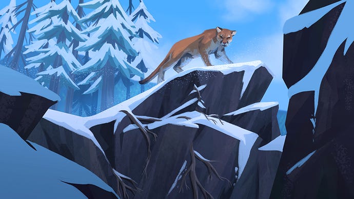 Ein Puma auf einem Felsen, der den Spieler vor einer gefrorenen Baumgrenze beäugt