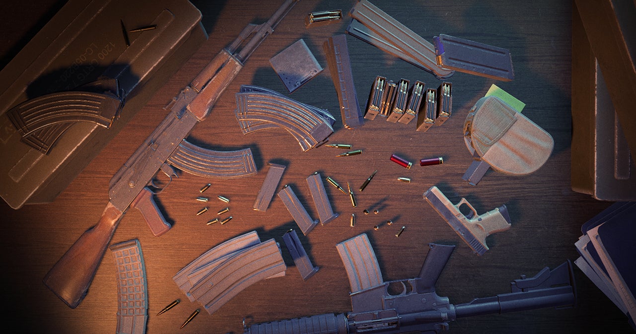 Counter Strike 2 reloading update key art, showing multiple guns and magazines on a wooden table.