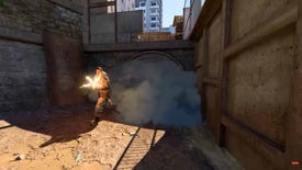 A shot of a player running out of a smoke cloud firing a weapon in Counter-Strike 2 on the Overpass map