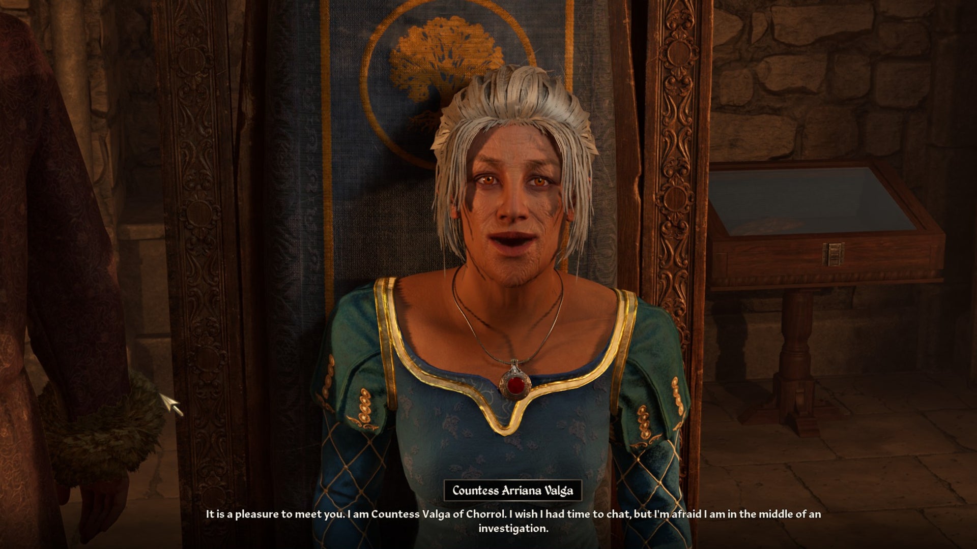 Countess Arriana Valga, an NPC in The Elder Scrolls IV: Oblivion Remastered, says that she's in the middle of an investigation. - 1