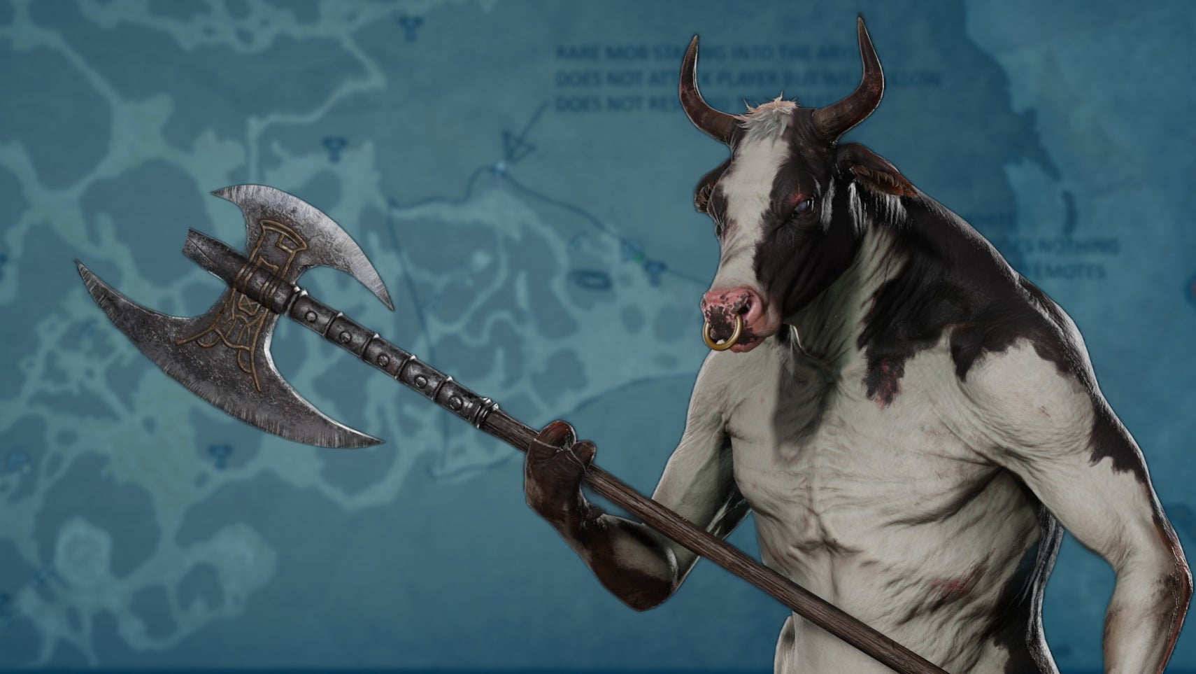 Custom header with cow enemy from Diablo 4 in front of map, blue tint.
