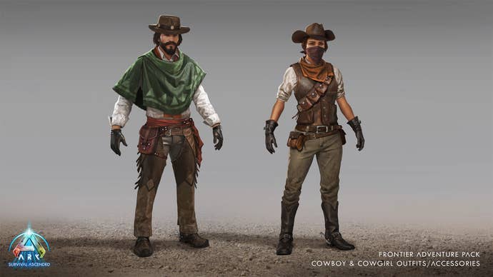 Two Ark: Survival Ascended characters in cowboy outfits care of a forthcoming DLC pack