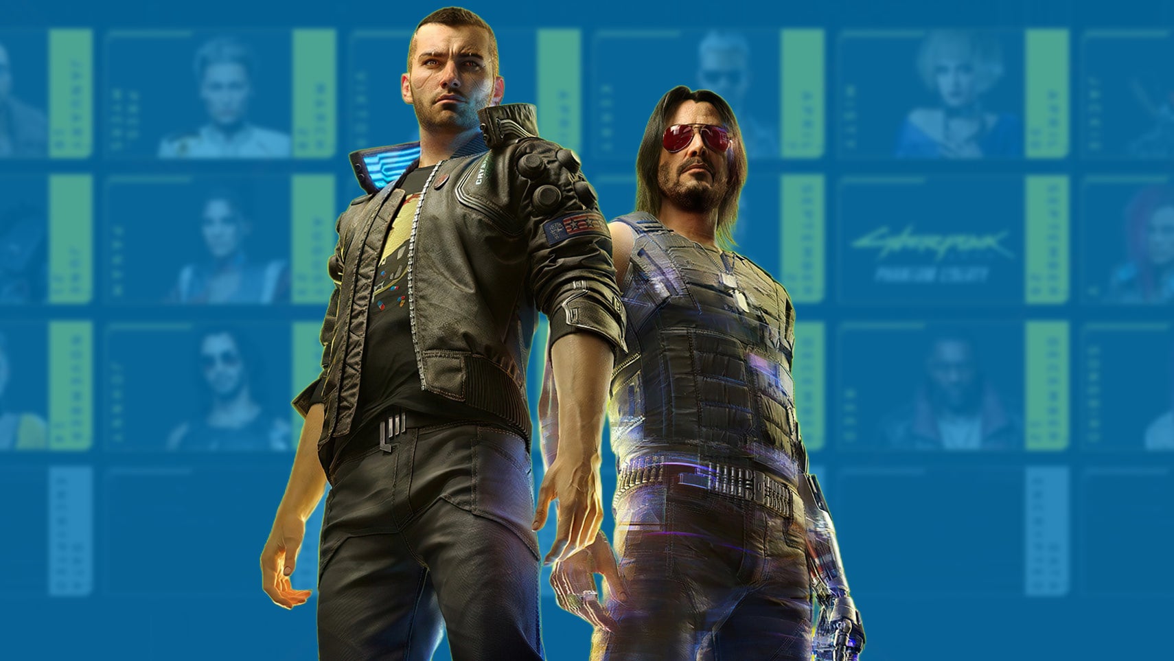 Male V and Keanu Reeves as Johnny Silverhand stand in front of a blurry content map for Cyberpunk 2077.