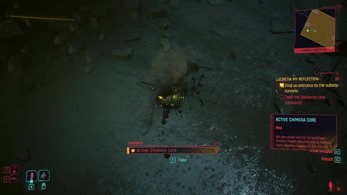 The Chimera core on the floor of the boss arena in Cyberpunk 2077, with the mini-map indicating its location in the upper right-hand corner.