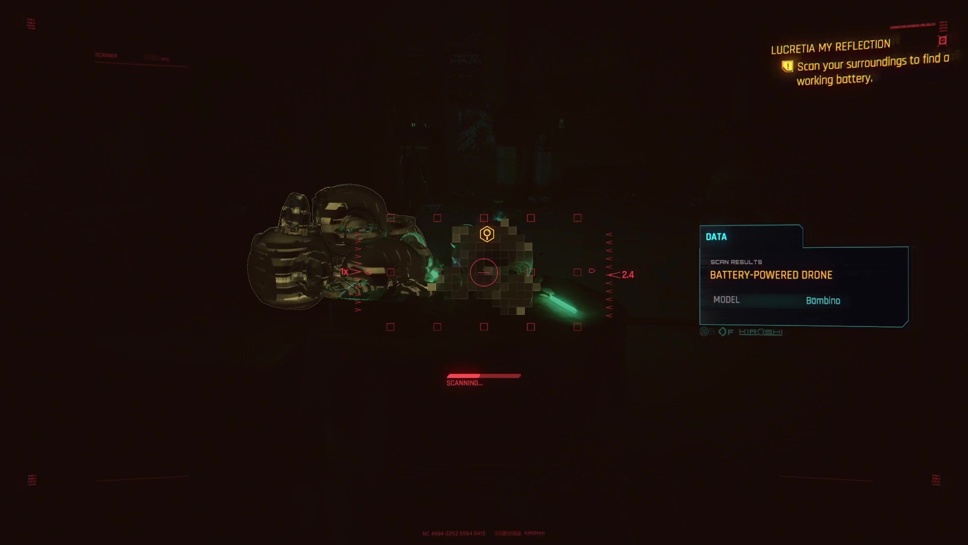 V uses their cyberware to highlight a battery powered drone and scan its components to find a working battery.