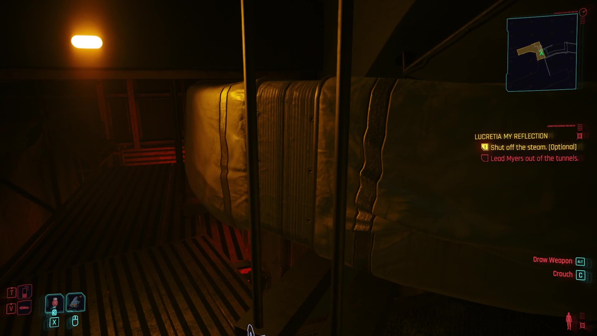 A yellow-lit walkway above an underground tunnel, with a red-lit drop down at the end of the path.