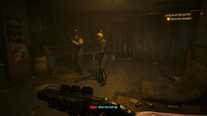Jacob and Taylor stand off against V and Myers in the entranceway to the rundown apartment that is the Dogtown hideout.