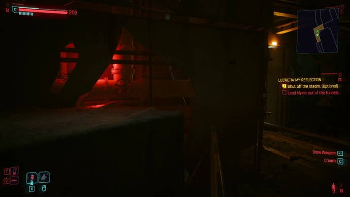 A red-lit underground room with pipes and equipment; a valve can be seen behind some obstructions.