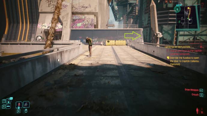 A bridge overlooking a commercial plaza in Dogtown in Cyberpunk 2077, with the route to a tucked-away walkway highlighted.