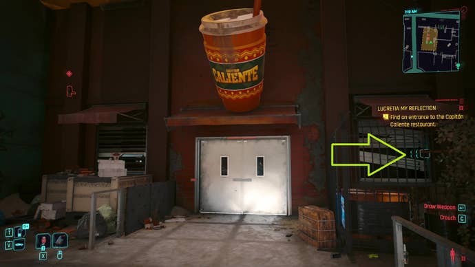 The entrance to the Capitàn Caliente restaurant in Dogtown in Cyberpunk 2077, with the fusebox highlighted.