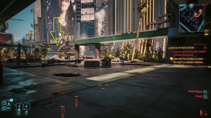 A crumbling walkway above a commercial plaza in Dogtown in Cyberpunk 2077, with fallen rubble that can be used to access the next level highlighted.