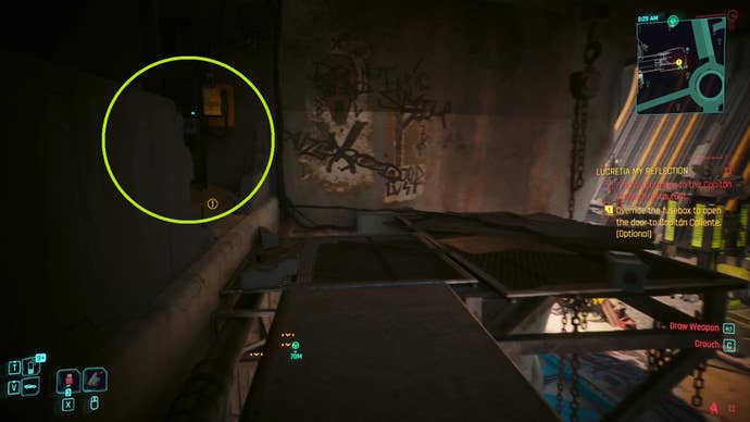The location of a very well-hidden fusebox between two levels of a commercial plaza walkway in Dogtown in Cyberpunk 2077.