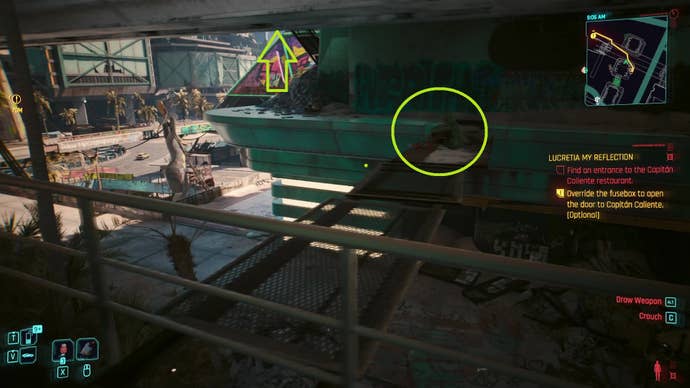 A makeshift walkway between two buildings in a plaza in Dogtown in Cyberpunk 2077, with a route highlighted.