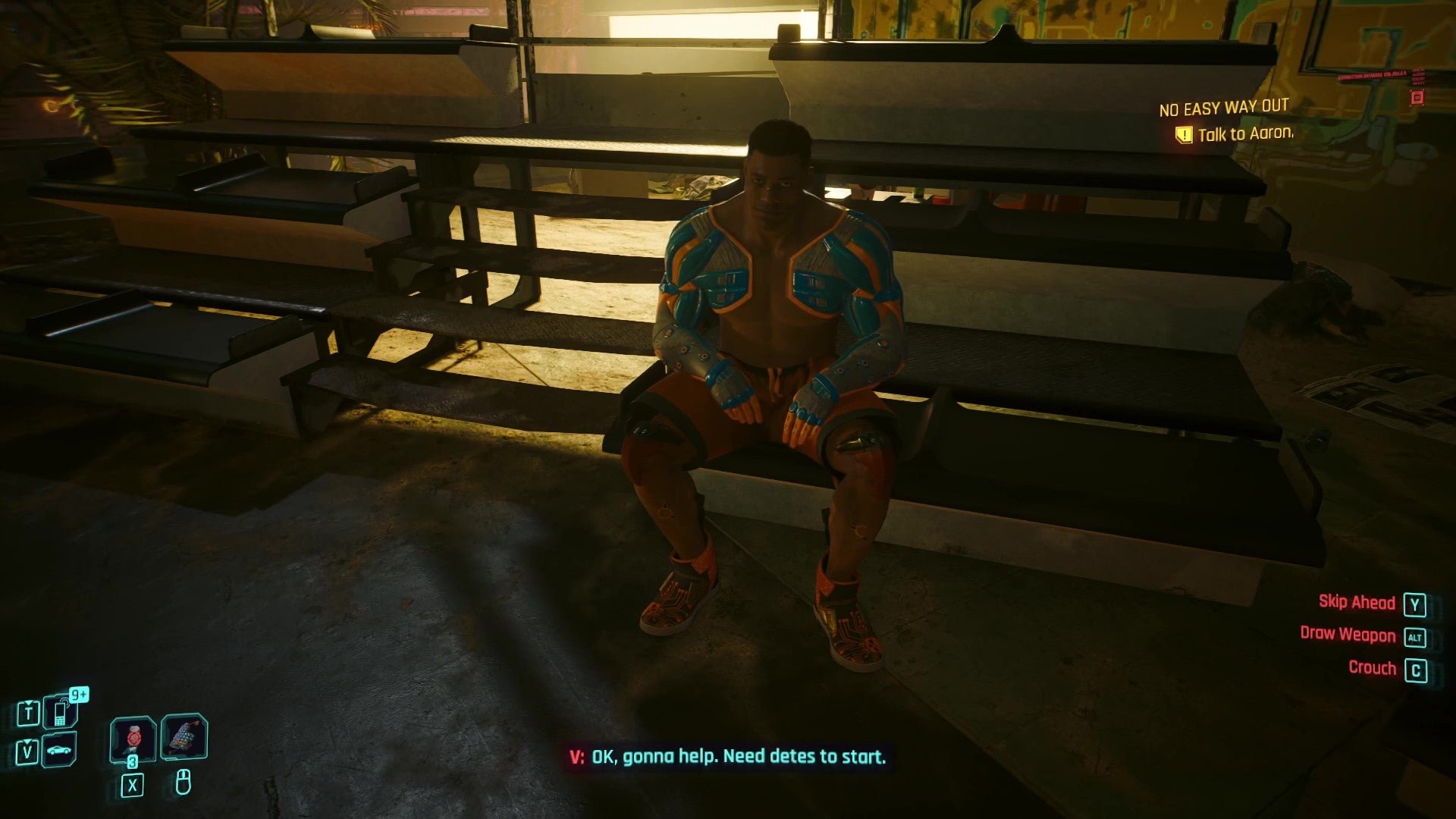 A boxer named Aaron sits on ring-side seats and discusses his predicament with V.