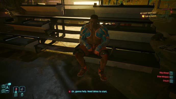 A boxer named Aaron sits on ring-side seats and discusses his predicament with V.