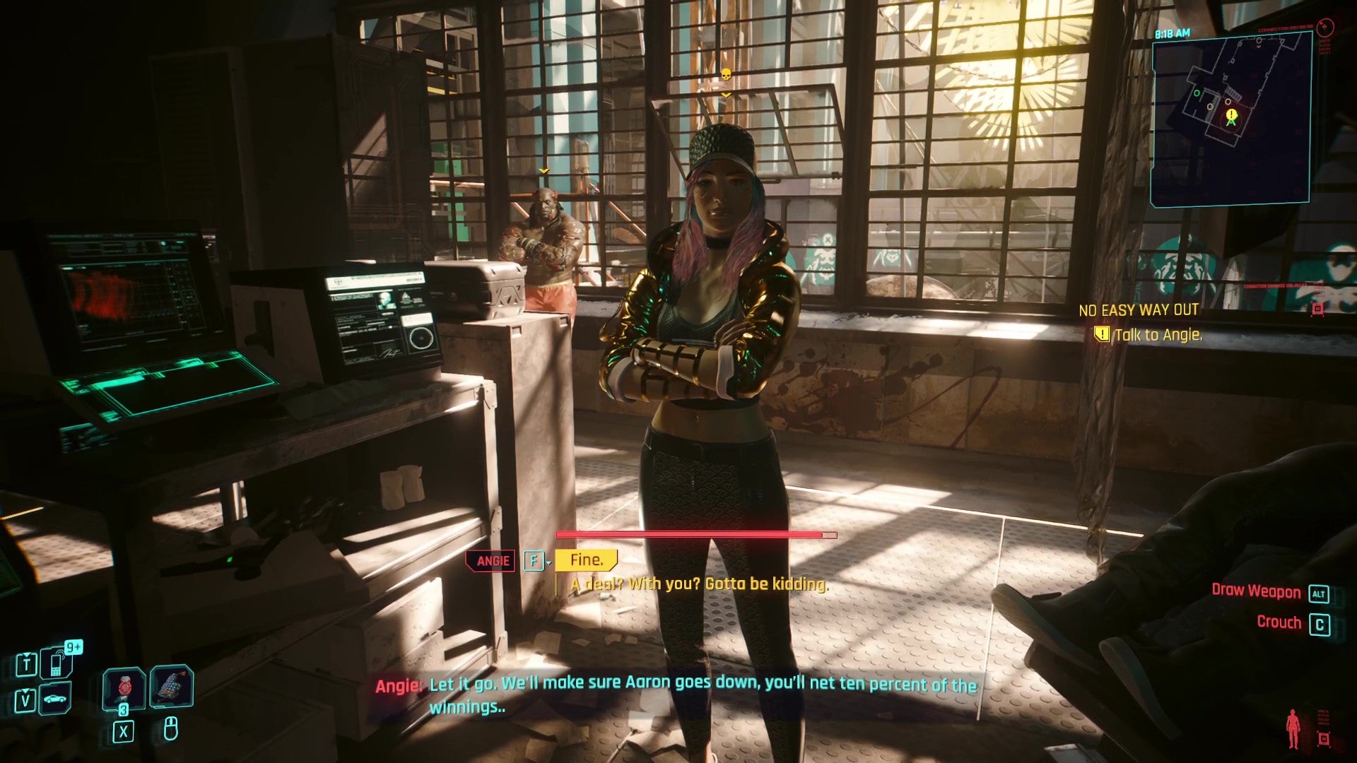 A gang leader named Angie offers V a deal in a Ripperdoc clinic.