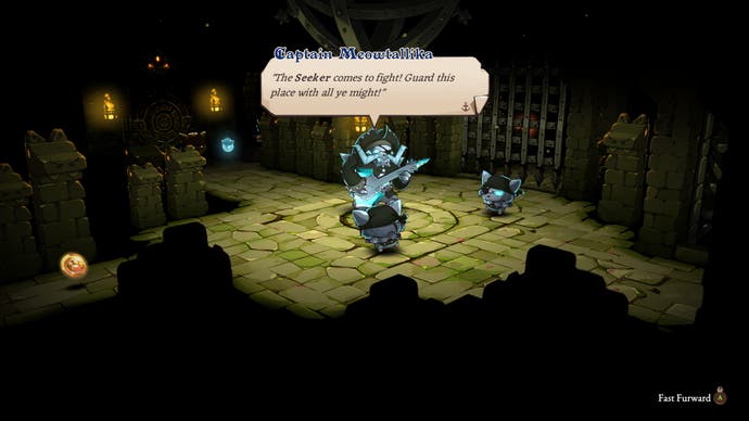 A Cat Quest 3 screenshot showing Captain Meowtallika brandishing an electric guitar in a shadowy stone dungeon, saying to two crew members, "The seeker comes to fight! Guard this place with all ye might!"
