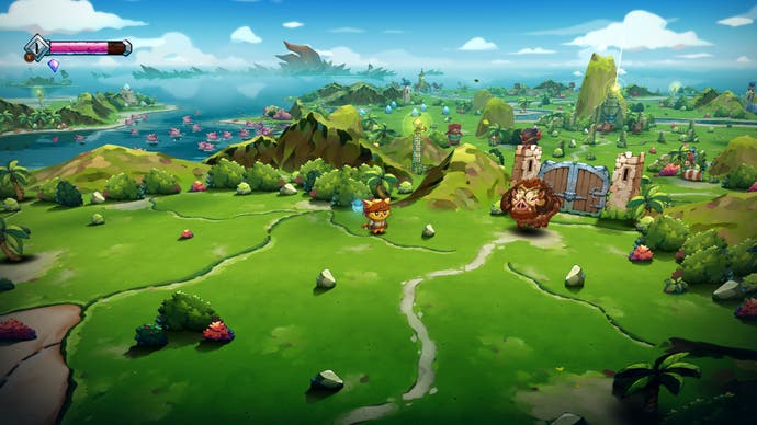 A Cat Quest 3 screenshot showing its feline protagonist on a lush green island while a large boar-like enemy guards a towering gate.