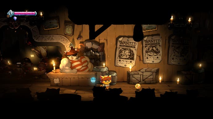 A Cat Quest 3 screenshot showing its protagonist inside the gloomy Milky Barrel tavern while its proprietor - a large muscular cat - leans against the bar nearby.