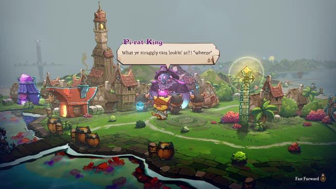 A Cat Quest 3 screenshot showing its feline protagonist in conversation with the Pi-rat King, who is saying, "What ye scraggly cats looking at? *wheeze*"