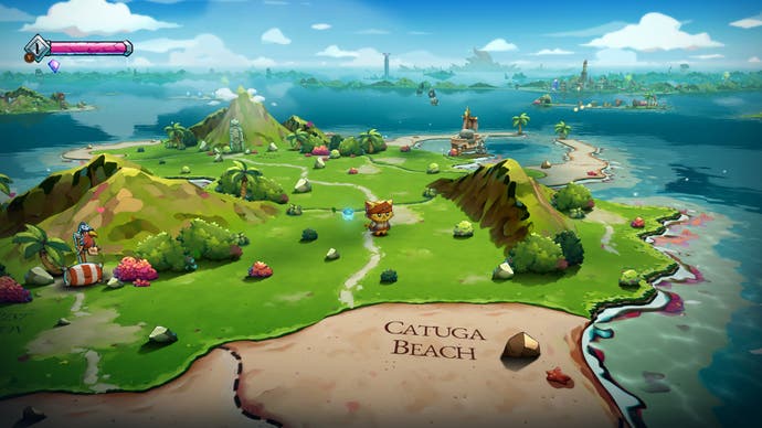 A Cat Quest 3 screenshot showing its feline protagonist on the shores of Catuga Beach with islands stretching out across a blue ocean behind them.