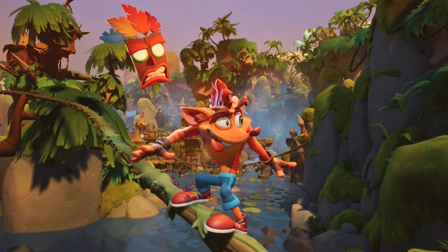 Crash Bandicoot grinding along a branch in a Crash Bandicoot 4 screenshot.
