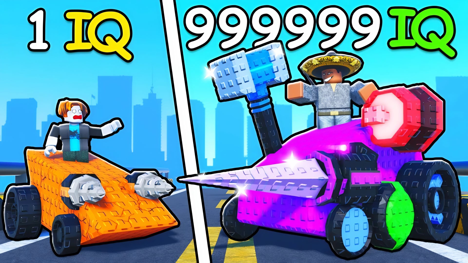 A header image for Crash Bots on Roblox, depicting a default avatar in their starter tank facing off against one of the game's Clash Drivers, Carlos. - 1