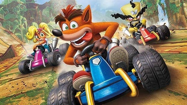 Crash Team Racing Nitro-Fueled promotional artwork showing Crash Bandicoot kart racing toward the camera while competitors give chase behind him.