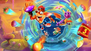 Crash Team Rumble art showing Crash Bandicoot and Spyro the Dragon emerging from a blue portal alongside a bunch of crates, gems, fruit, and a couple supporting characters
