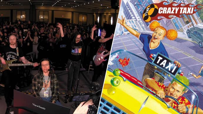 On the left, a speedrunner and a live band playing at Games Done Quick, a crowd dancing in the background. On the right, Crazy Taxi key art showing a character speeding down a hill, a passenger almost flying out the back seat.