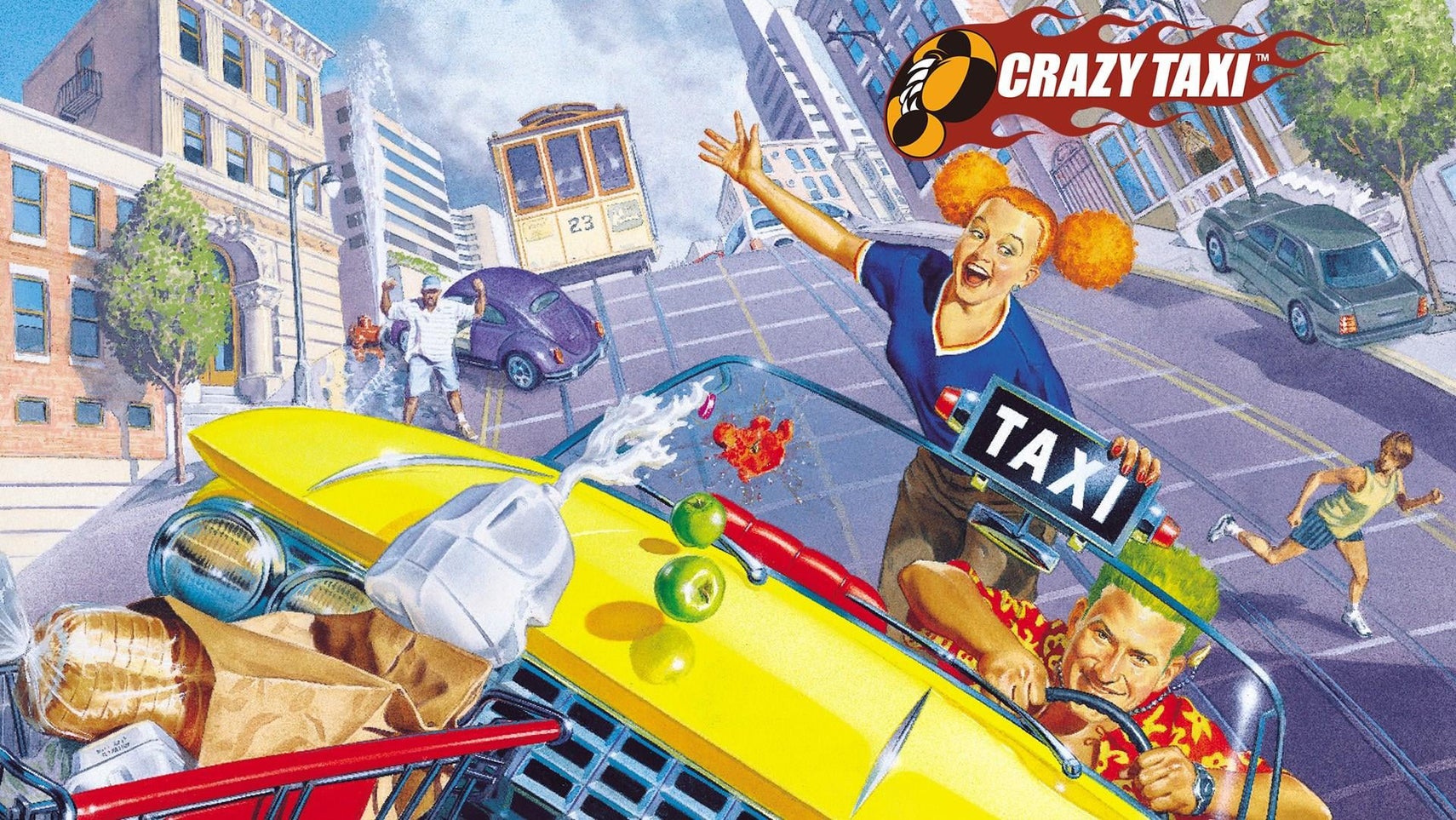 Crazy Taxi key art showing a green-haired taxi driver racing down a hill in a city, the passenger hanging on in the back. - 1